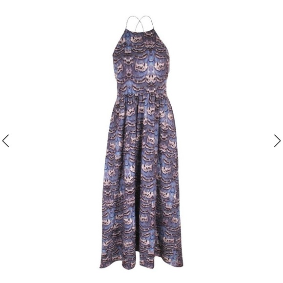 💜TIBI Feather Print Purple Halter Neck Maxi Dress with Open Tie Back - Picture 1 of 5